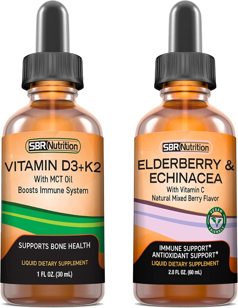 SBR Ernæring D3 + K2 og eldrebær Bundle Vitamin D3K2 (MK7) flytende dråper, Peppermynte, 1oz | Elderbær & Echinacea & vitamin C flytende dråper, 2oz | voksne og barn | Ikke-GMO, Glutenfri