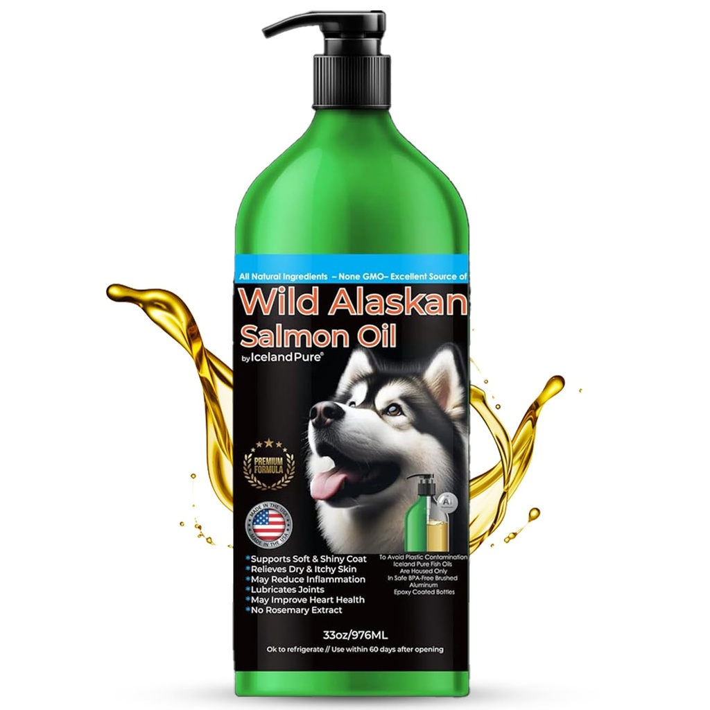 Island Pure Wild Alaskan lakseolje for hunder og katter, Omega-3 fiskolje, flytende kosttilskudd for kjæledyr, støtter immunsystem og hjertehelse, 33oz