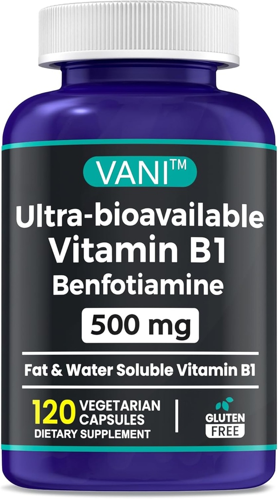 2 i 1 Forbedret formel: Vitamin B1 med Benfotiamin 500 mg, fettoppløselig Supplement av vitamin B-1, 500 mg - 120 kapsler (1)