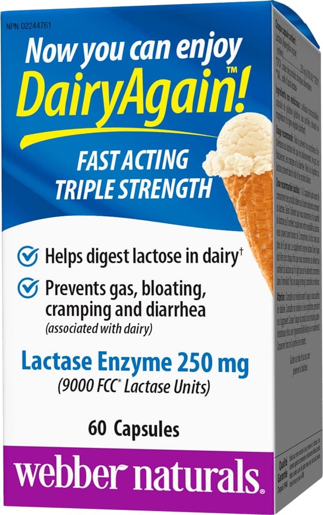 Webber Naturals Dairy Igjen 250 mg Lactase Enzyme Triple Styrke, 60 kapsler
