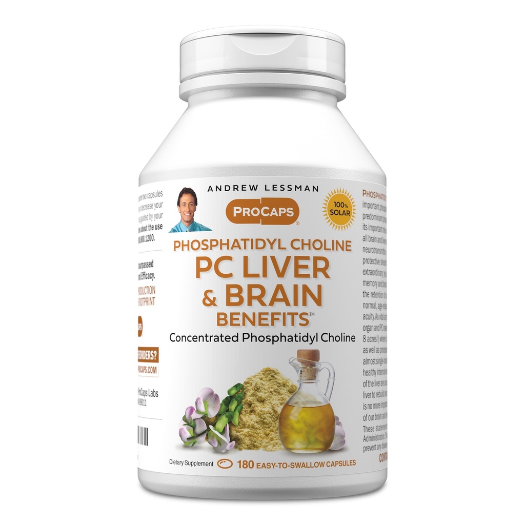 ANDREW LESSMAN PC lever og hjerne fordeler 180 Softgels - Fosfatidylkolin, viktigste byggeblokk for sunn lever og hjerne struktur, funksjon. Ingen additiver. Lett å svelge Softgels