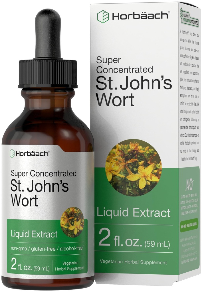 Horbäach St Johns Wort Tinktur | 2 Fl Oz | Alkoholfri | Vegetarisk flytende ekstrakt | Ikke-GMO, Glutenfri kosttilskudd