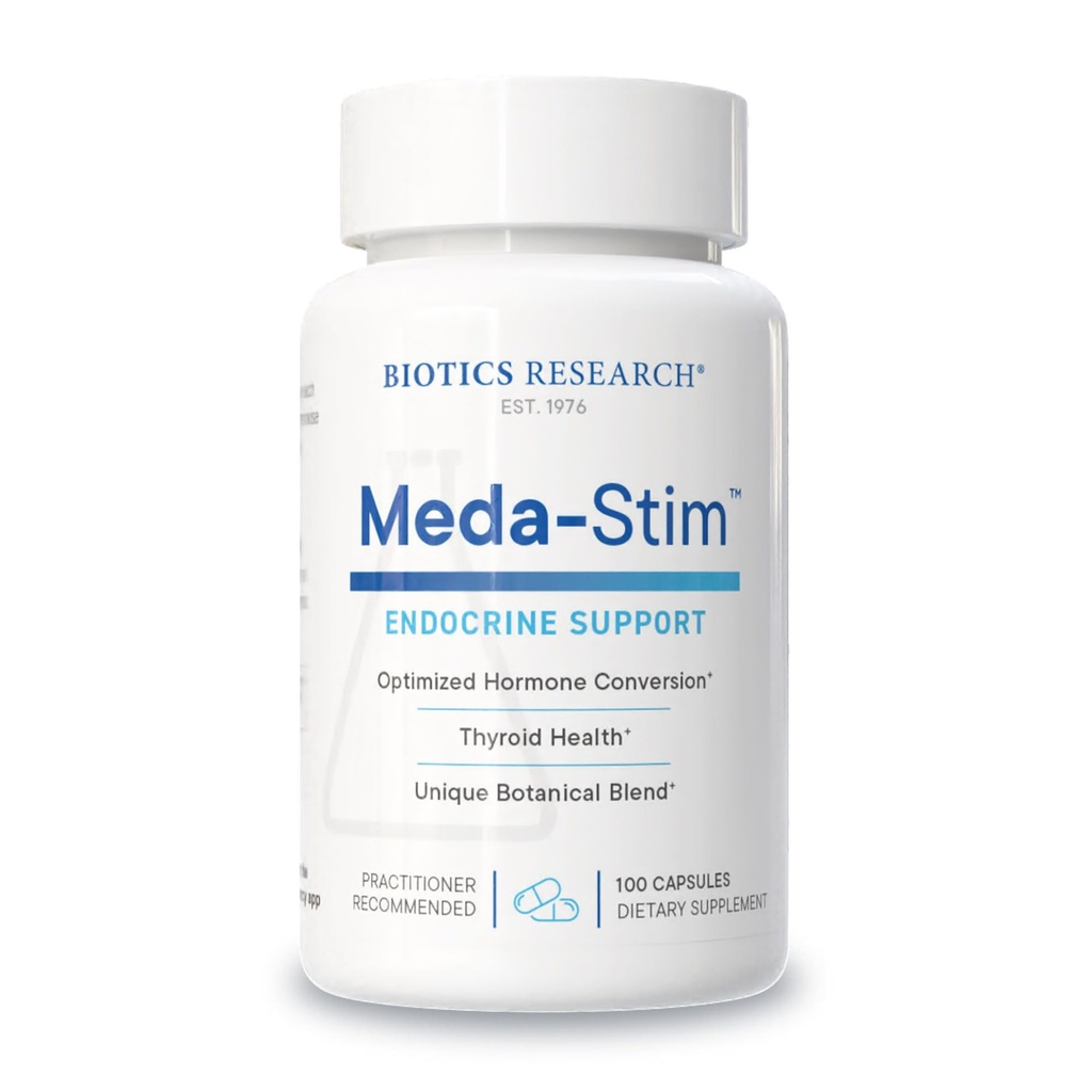 Biotisk forskning Meda Stim støtte Endokrine funksjon, ernæringsmessig støtte for Thyroid Gland, Sunn T3, T4, Thyroxine nivåer, Metabolsk helse, inneholder jodin, selen, magnesium, 100 kapsler