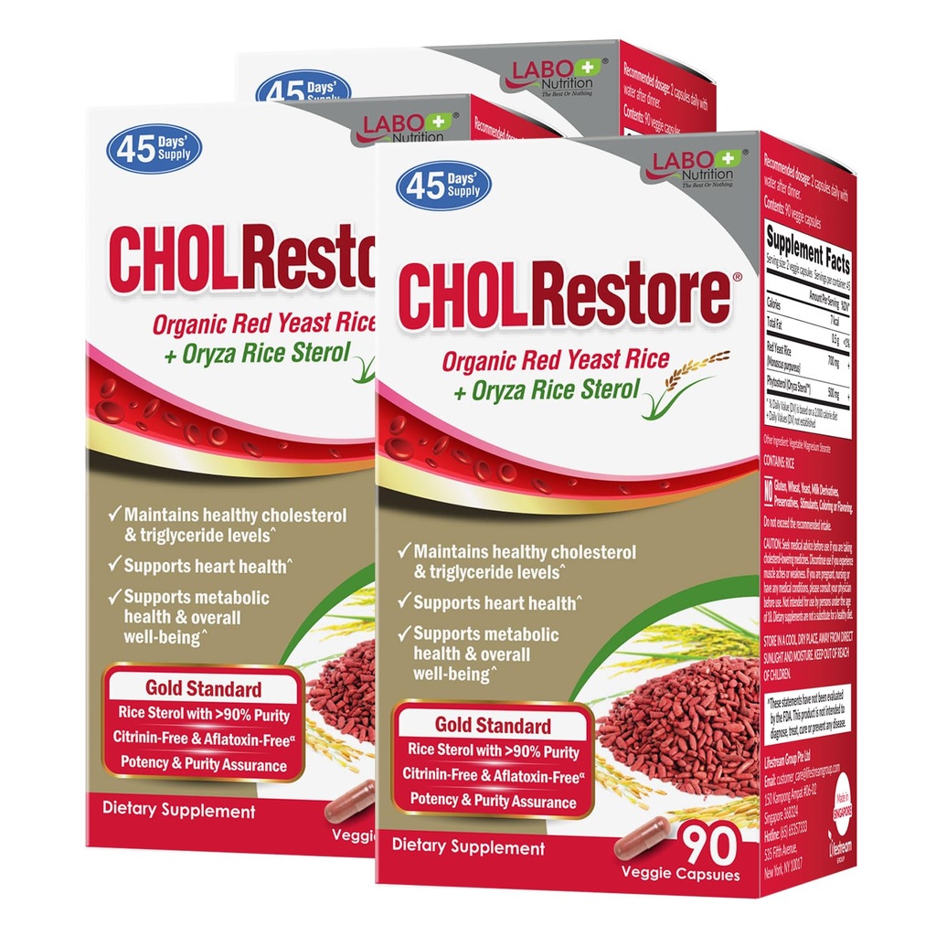 Labo Nutrition CHOLRestore – rød yeast ris med fytosterol helse supplement, støtter sunne kolesterol nivåer, citrinin & avlatoksin gratis, 90 vege kapsler 3x3
