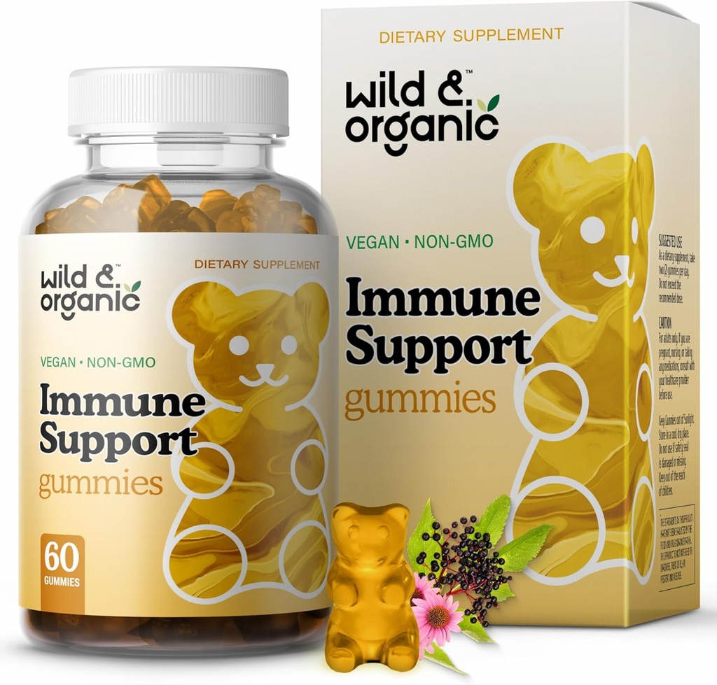 Wild & Organic Immune Support Gummies - Elderberry 1000mg & Vitamin C 500mg - Natural Immune Support Supplement - Vegansk immunisme Gummies med vitamin C D sink - 60 greve