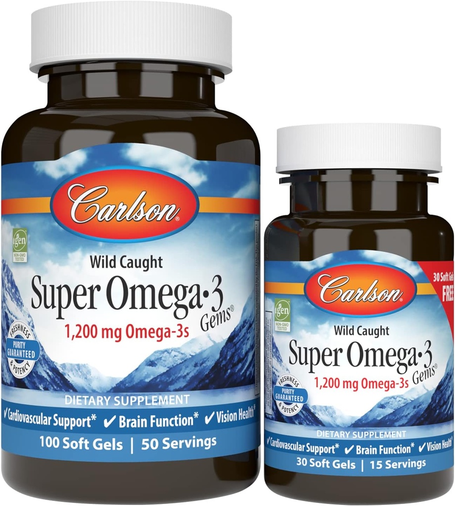 Carlson - Super Omega-3 Gems, 1200 mg Omega-3 Fatty Acids med EPA og DHA, Wild-Caught Norsk Fiskeolje Omega 3 Supplement, Sustainly Sourceed Omega 3 Fish Oil, 100+30 Softgels