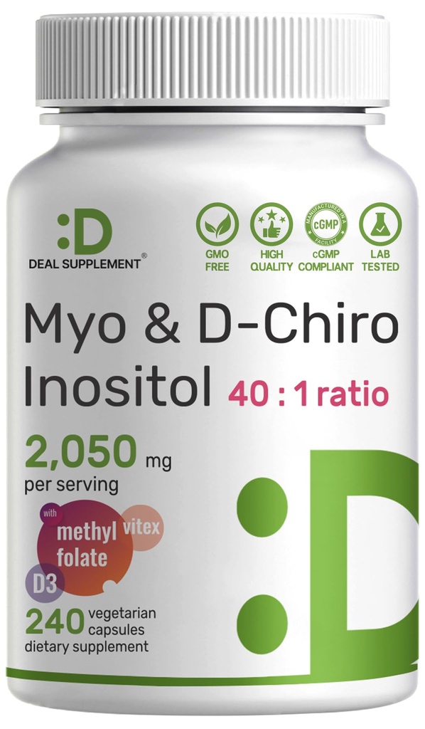 Myo-Inositol & D-Chiro Inositol Supplement for kvinner (40:1) | 2,050mg Per Serving | 240 Veggie Kapsler | med folat, vitamin D3 & Vitex | Hormonell balanse & syklus støtte | Ikke-GMO