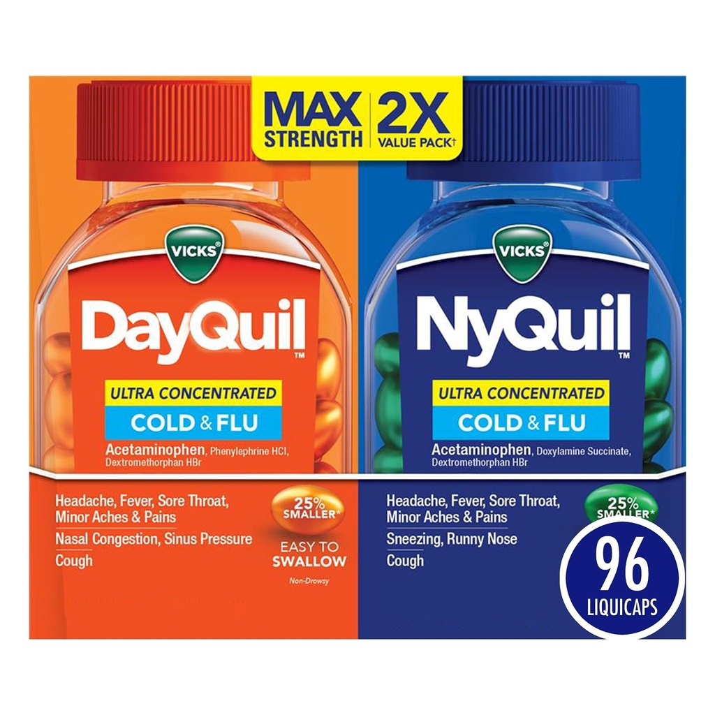 Vicks DayQuil & NyQuil Ultra Konsentrert Liquicaps Co-Pack, Kald og influensa medisin, Kraftig multi-Symptom dagtid og natttid Relief for hodepine, feber, Sore Throat, mindre akser og smerter, og Cough, 96ct