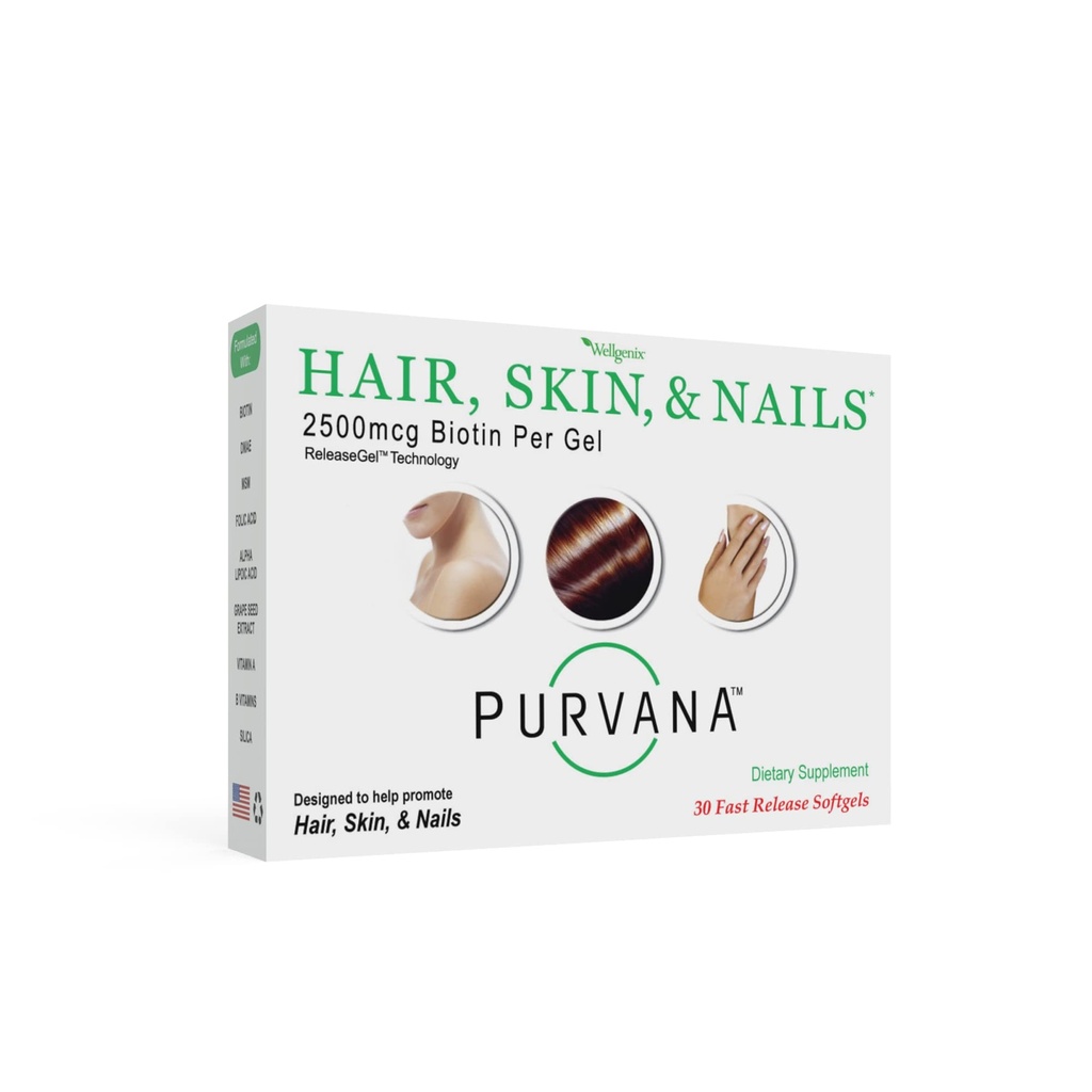 Wellgenix Purvana Hår, Hud og Nails Vitamin - 2500mcg Biotin, Folsyre, DMAE, Grape Seed Extract - En om dagen Softgels - PCOS & Postpartum Hair Loss Support - (30 Count)