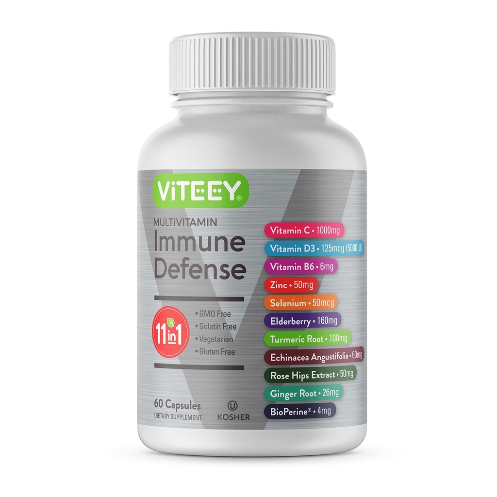 Viteey 11 i 1 Immunstøtte Supplement - Immunforsvar med vitamin D3, B6, Echinacea, Turmeric, Rose-HIPS, Selenium, BioPerine, Ginger, Elderberry Vitamin C og Sink - 60 greve