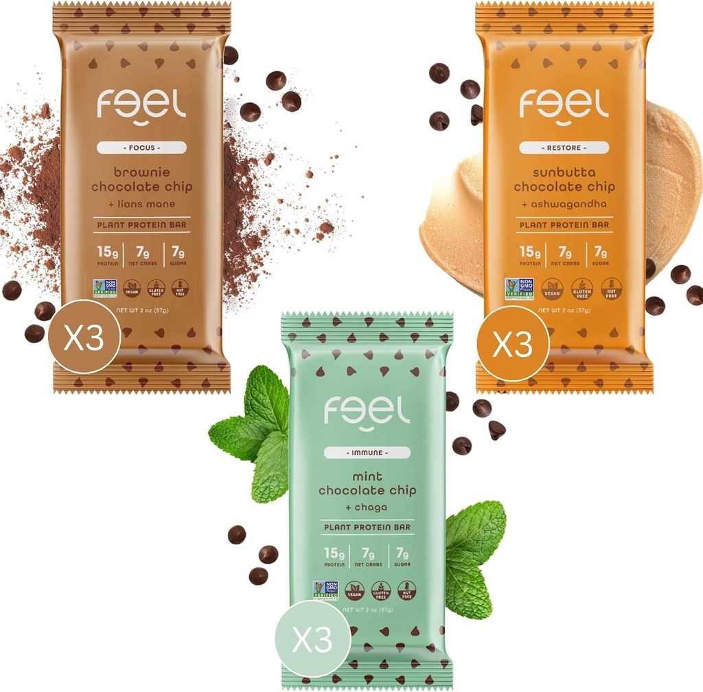 Feel Vegansk Protein Barer | Sjokoladeelskere | Keto | Glutenfri | Organisk | Lions Mane | Chaga | Ashwagandha | 15g Protein | Lav sukker | Ikke GMO | Sunbutta + Brownie + Mint - 9 Pack
