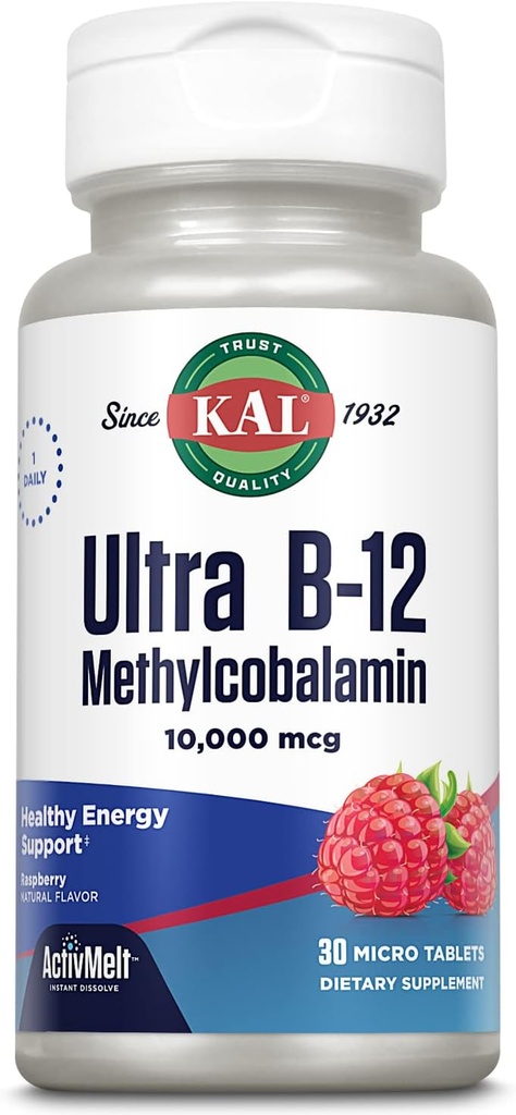 KAL Ultra B12 Metylkobalamin 10.000mcg, høy potens vitamin B-12 for sunn energi, metabolisme, nerve, rødt blodcelle støtte, * naturlig bringebær flavor, vegetarisk, 30 mikrotabletter, 30 serveringer