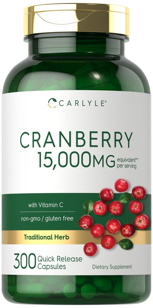 Carlyle Cranberry Pills 15000mg | 300 kapsler | Herb ekstrakt Supplement | for kvinner og menn | med vitamin C | Ikke-GMO & Glutenfri