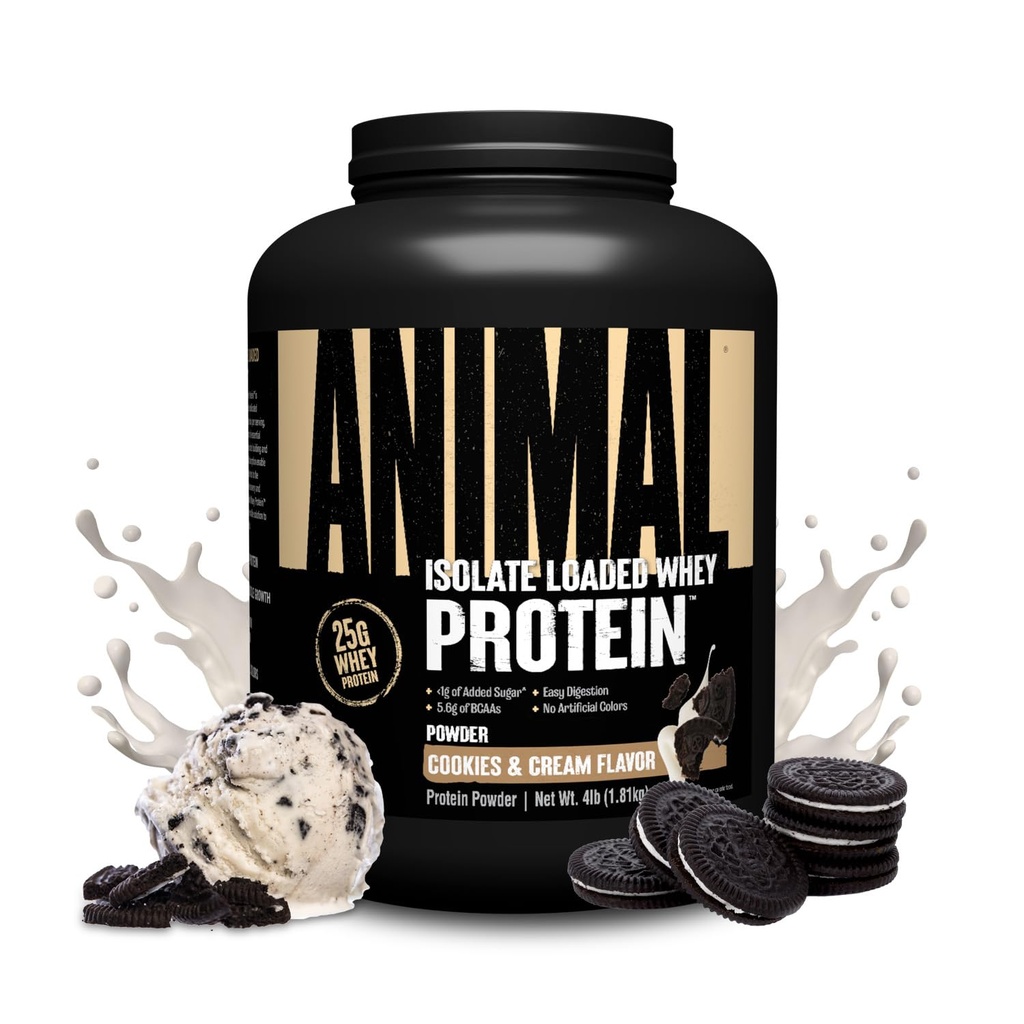 Animal Whey Isolate Protein Powder - Lastet for Pre & Post Workout Muscle Builder and Recovery with Digestive Enzymes for menn og kvinner - 25g Protein, Great Smak, Lav Sukker - Cookies & Cream 4 lbs