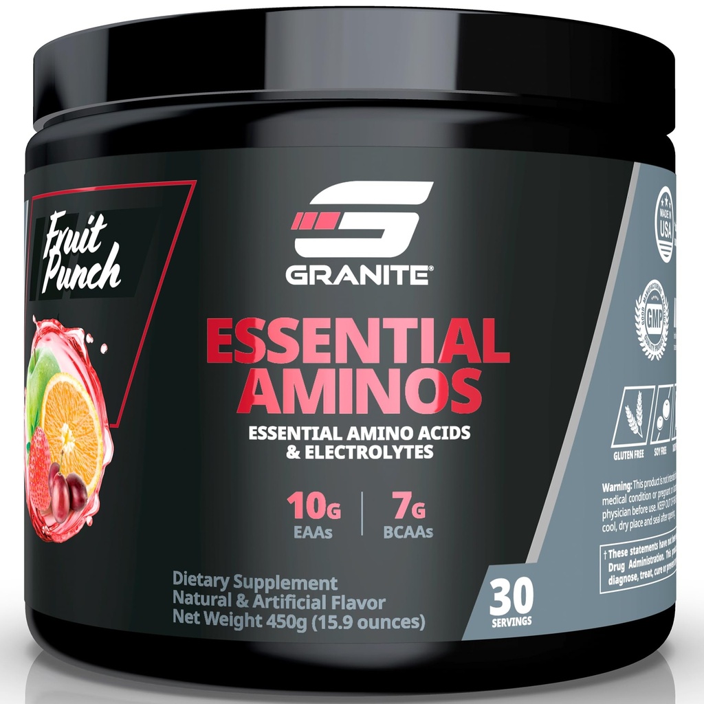 Granitt essensielle aminosyrer pulver for muskelgjenvinning og vekst med 10g EAA og 7g BCAA - soya-fri, glutenfri, 448g (30 serveringer), frukt Punch Flavor
