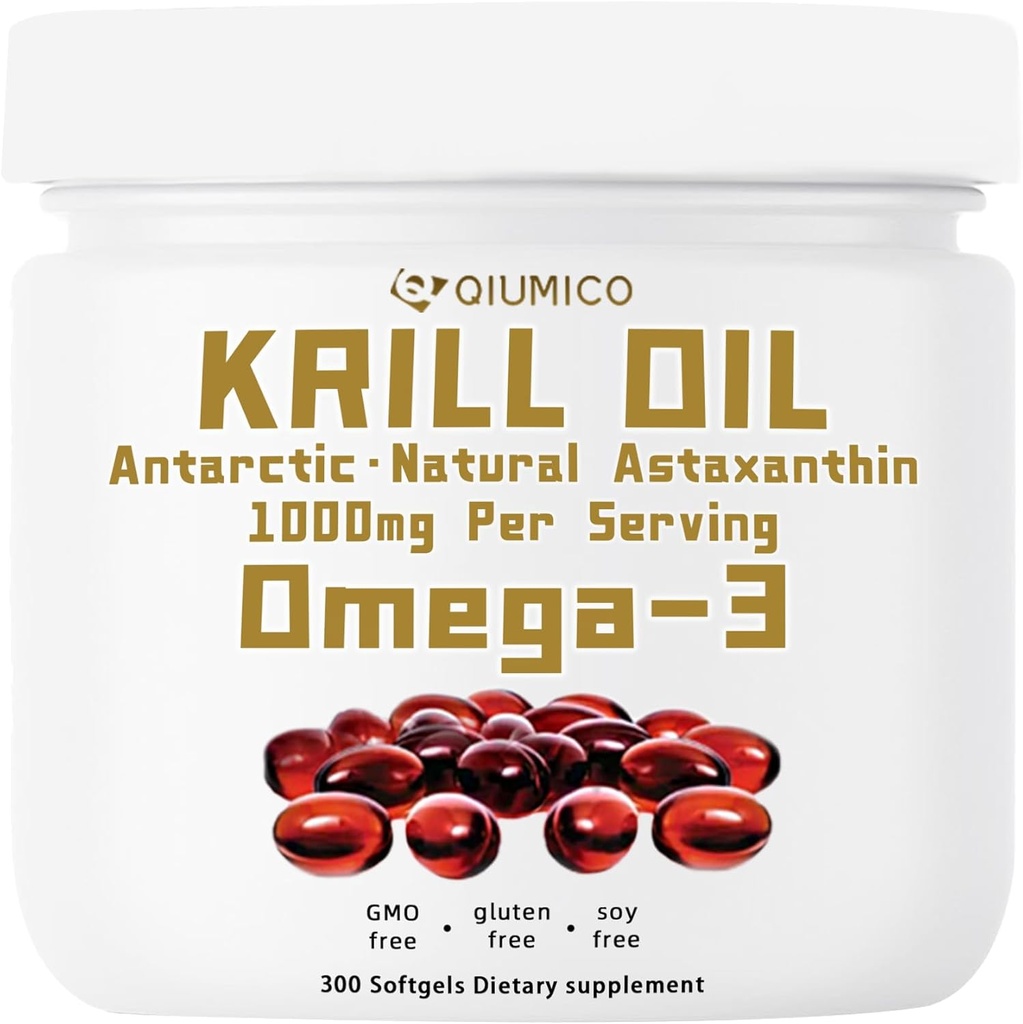 Antarctic Krill Oil Supplement, rik på Omega-3s EPA, DHA & Astaxanthin, 1000mg Per Serving, Supplement for hjerte og immunitet, 300 Soft-Gels