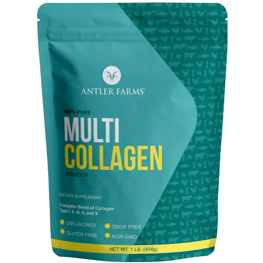Antler Farms - Multi Collagen Protein Powder - 5 Typer (I, II, III, V og X) 100% ren hydrolysert collagen Peptider for menn og kvinner - Biotilgjengelig, Rapid Absorpsjon - Unflavored - 1 lb