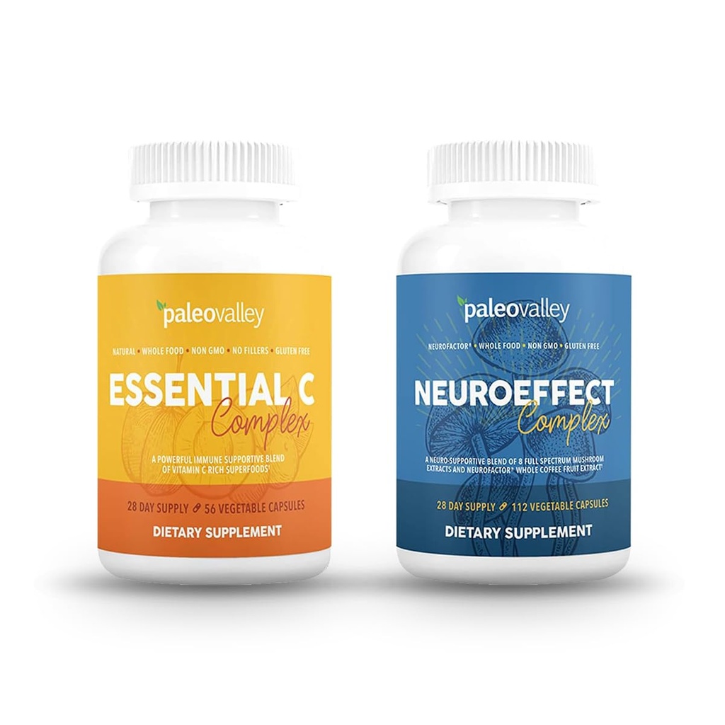 Paleovalley NeuroEffect + Essential C Complex Bundle - Neuro Mushroom Coffee Extract, Vitamin C Supplement 450g Focus, Minne, Energi, Immunstøtte, Organisk supermat