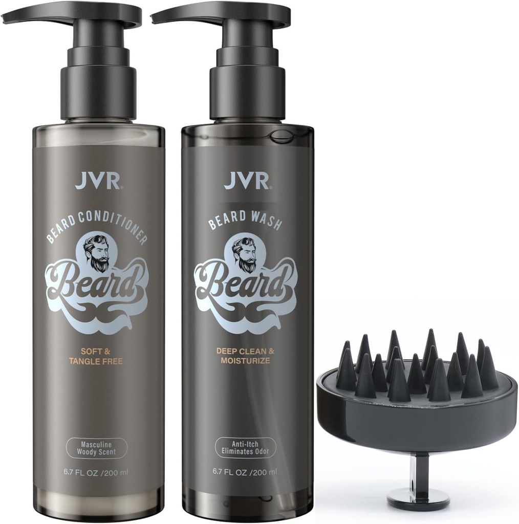 JVR Beard Vaske og Beard balsam for menn, Beard Shampoo renser og reduserer frizz, mykt og styrker, økologisk med kokosnøtt, Aloe, gir skinne for tørr & coarse Beards, Beard Care (6.7oz)