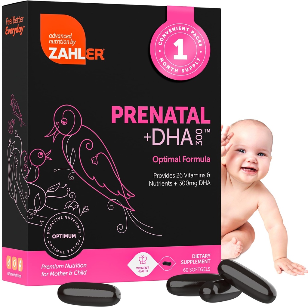 Zahler Prenatal Vitamin med DHA & Folate - DHA Kosttilskudd og prenatal multivitamin for mor og barn - Kosher Prenatal DHA Prenatal Vitaminer med jern, Pre Natal Softgels 60 Count
