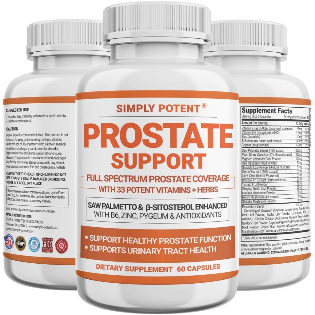Prostata kosttilskudd for menn, så Palmetto prostata helse støtte m/ 33 vitaminer og urter - Beta Sitosterol Plus B6, selen & sink for sunn urinasjon frekvens & flyt & riktig søvn (60 kapsler)
