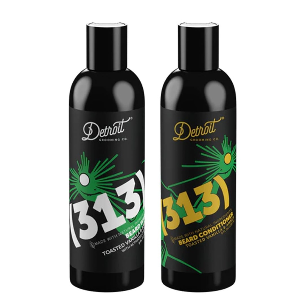 Detroit Grooming Co. Beard Vaske og Beard Conditioner - Menns Kit - Softens, Styrker, Moisturize, Infused w/Argan Oil, Apple Extract, & Aloe Vera - Toasted Vanilla Amber Scent - 313-8oz