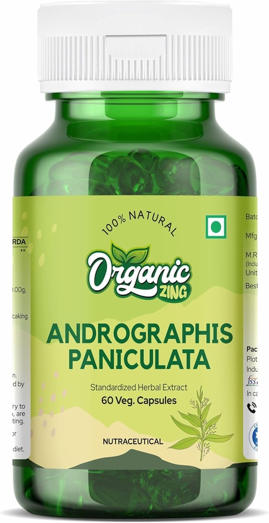 Organisk ZING Andrographolide Supplement - Ekstrahert fra Andrographis paniculata - Vegan & Glutenfri - 60 kapsler, 400mg Hver