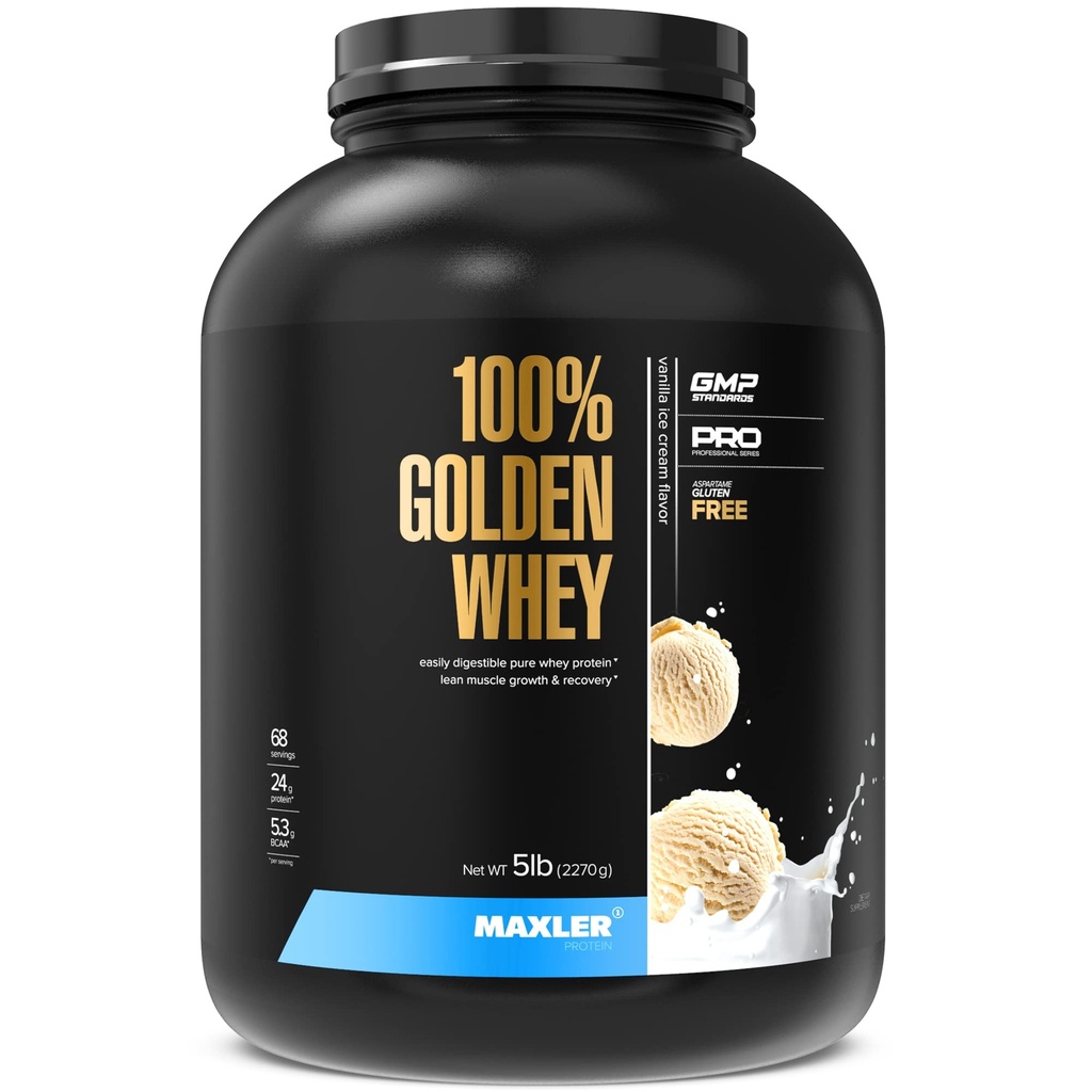 Maxler 100% gylne Whey Protein - 24 g protein per servering - Premium Whey Protein pulver for pre-post trening - Fast-absorberende Whey konsentrat, Isolate & Hydrolysate blanding - Vanilla Ice Cream 5 lb