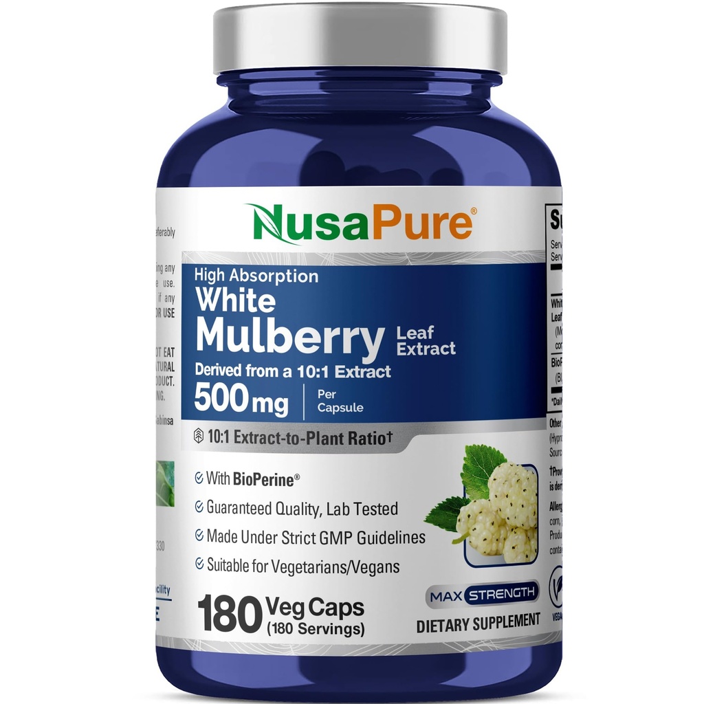 NusaPure White Mulberry Leaf Extract 10:1 Ekstrakt, 500 mg Tilsvarende 5000mg 180 Veg Caps (Vegan, ikke GMO Bioperine)