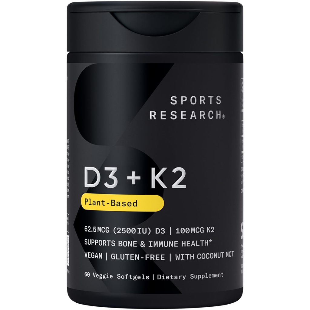 Idrettsforskning® vitamin D3 + K2 w/Coconut olje - Vegansk vitamin D 2500iu (62,5mcg) & Mk7 vitamin K 100mcg for bein & immunstøtte - Vegansk sertifisert · Ikke-GMO · Soya gratis - 60 Softgels