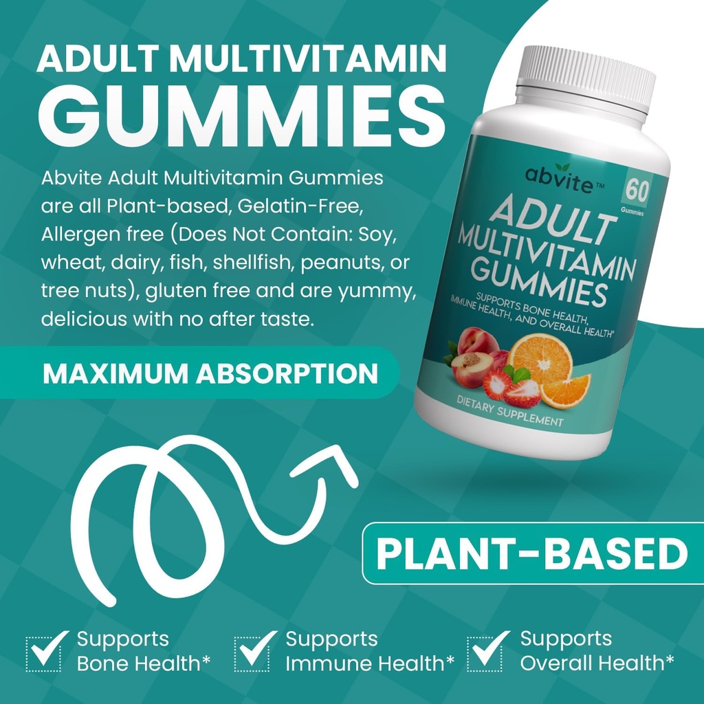 Plantebaserte multivitamin gummier, Daglige multivitaminer for menn og kvinner med vitaminer A, C, D, E, B-3, B-6, B-12, Biotin, inositol, ikke-GMO, Glutenfri, 60 greve (30 dagers forsyning)