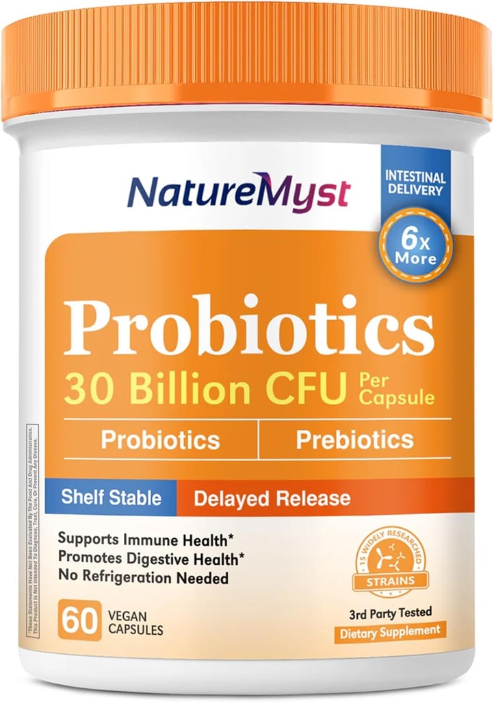 Probiotika, 30 milliarder CFU, 15 strender, med prebiotika for menn og kvinner, gut helse, immun- og digestiv støtte, hyllestabil, forsinket release, 60 Vegan Caps
