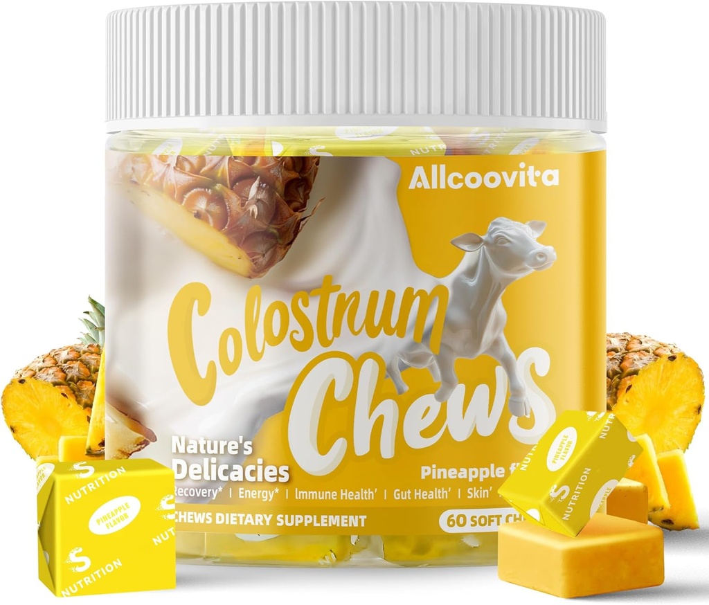 Bovine Colostrum Chews Supplement med probiotika for Gut Helse, Bloating, Immun støtte, hud, hårvekst og skjønnhet - Pineapple Flavor (60 Serveringer)