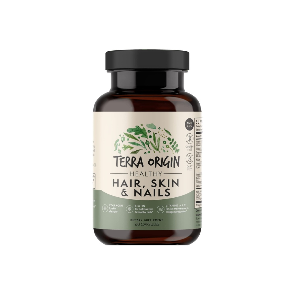 TERRA ORIGINA Sunn Hair, Hud og negler Supplement 中 Kollagen, Biotin, Hestehale & B-Complex | Støtter hår styrke, hud elastisitet & neglevekst | Vitaminer for kvinner og menn | 60 kapsler