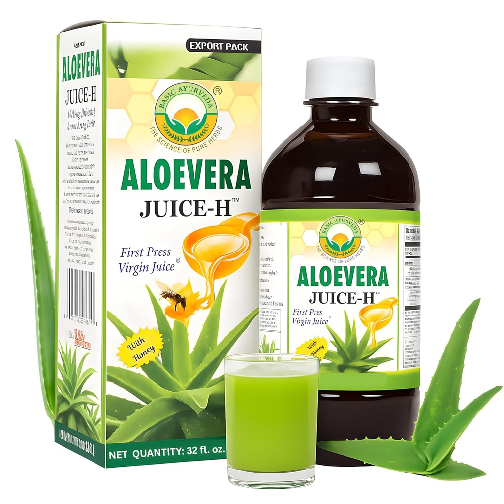 BASIC AYURVEDA Aloe Vera Juice med honning 32.46 Fl Oz (960ml) 中 Støtter Digestiv Helse, Hydration & Hud velvære | Cold Pressed Herbal Juice | Naturlig rensing | Ingen tillagt sukker