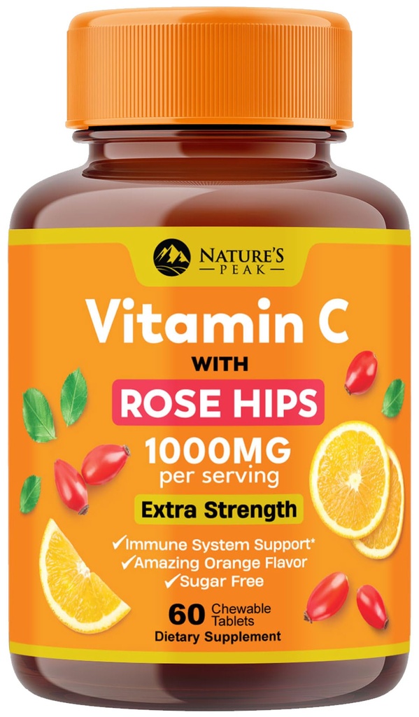 Vitamin C 1000mg Chewable Supplement - Ekstra styrke immunstøtte Vitamin C Dietary Supplement med Rose HIPS, Naturens VitaminC Antioksidant Support, Naturlig, Vegansk, Orange Flavor - 60 tabletter