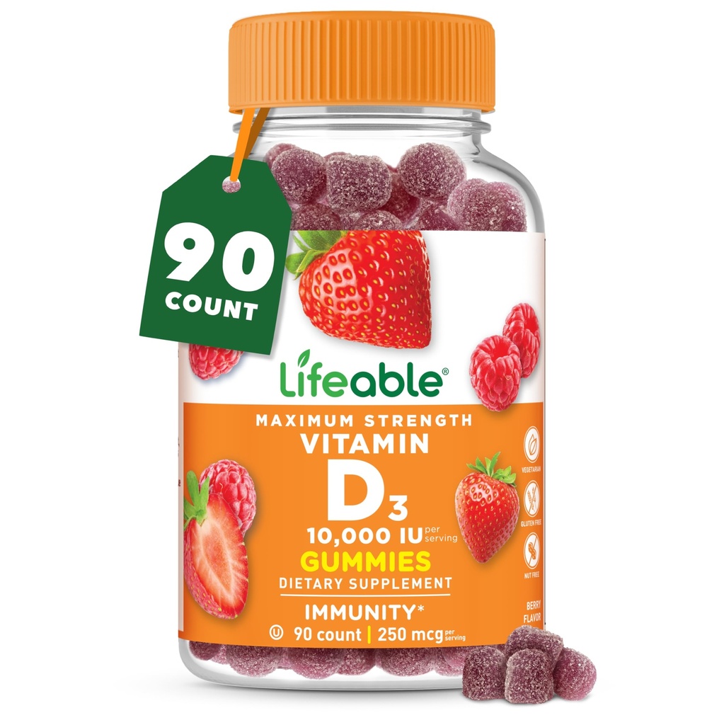 Livbar vitamin D3 10000IU | Great Tasting Bone Styrke Supplement | Vitamin D3 Gummies for bein Helse | Vitamin D Gummies for voksne, menn, kvinner | 90 Gummies