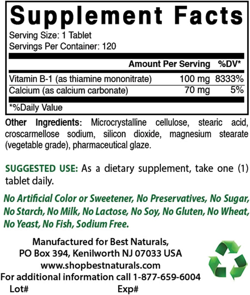 Beste Naturals Vitamin B1 som Thiamin Mononitrat 100 mg og vitamin B-6 25 mg