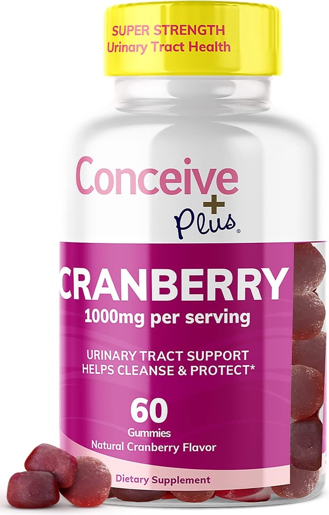 CONCEIVE PLUS Cranberry Gummies - 1000mg styrke Cranberry Gummy vitaminer, urin helse, 60 gummy Count, 30 dagers forsyning