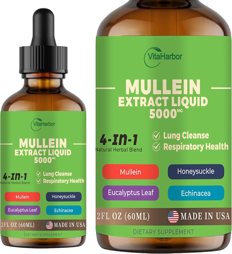 4-i-1 Mullein Drops for Lungs, Organic Mullein Leaf & Honeysuckle & Eucalyptus Leaf & Echinacea Extracts, for Lung Cleanse, Immun & Respiratorisk støtte, Sukkerfri | Ikke-GMO | Vegan, 2 Fl oz