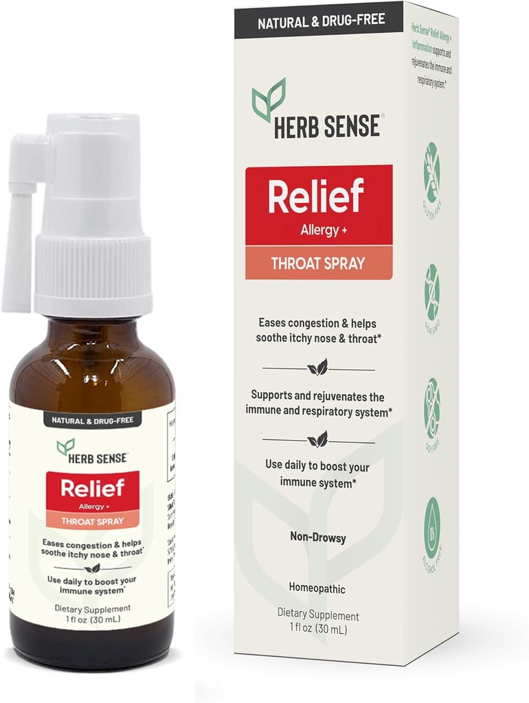 Herb Sense Allergi Relief, Throat Spray, Kjøle- og beroligende, Daglig støtte, Drug-free, Natural, Immune Support, 1 oz, Glutenfri, Ikke-GMO