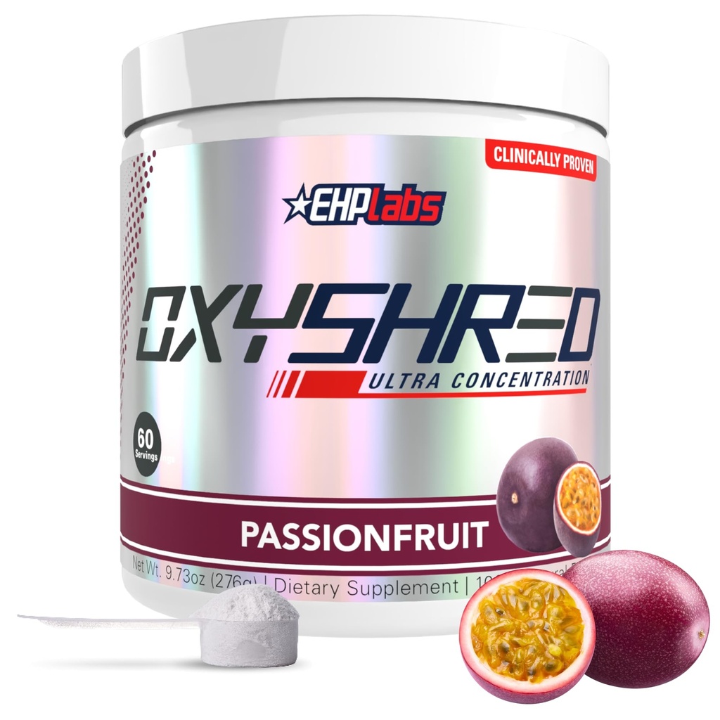 EHP Labs OxyShored Pre Trening pulver & Shredding Supplement - Preworkout pulver med L Glutamin & Acetyl L karnitine, Energi Boost Drink - Passionfrukt, 60 serveringer