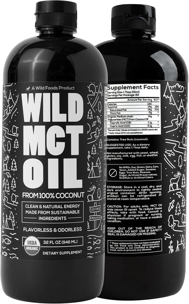Wild MCT olje organisk kokos Coconut 32 fl oz – fra 100% naturlig kokosnøtt – flavorless & Odorless C10/C8 MCT Olje til energi og kognitiv støtte – Keto-vennlig – Perfekt til kaffe, rister og oppskrifter