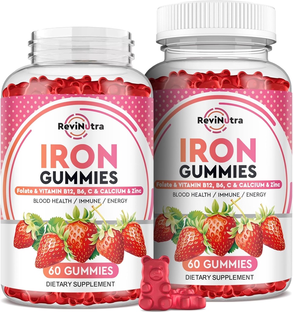 Iron Gummies - med kalsium, sink, folat og vitamin B12, C, B6 for voksne og barn - Blood Builder & energi støtte for jernmangel, anemi, vegansk - 2 Pack Strawberry Flavour,60 Gummies