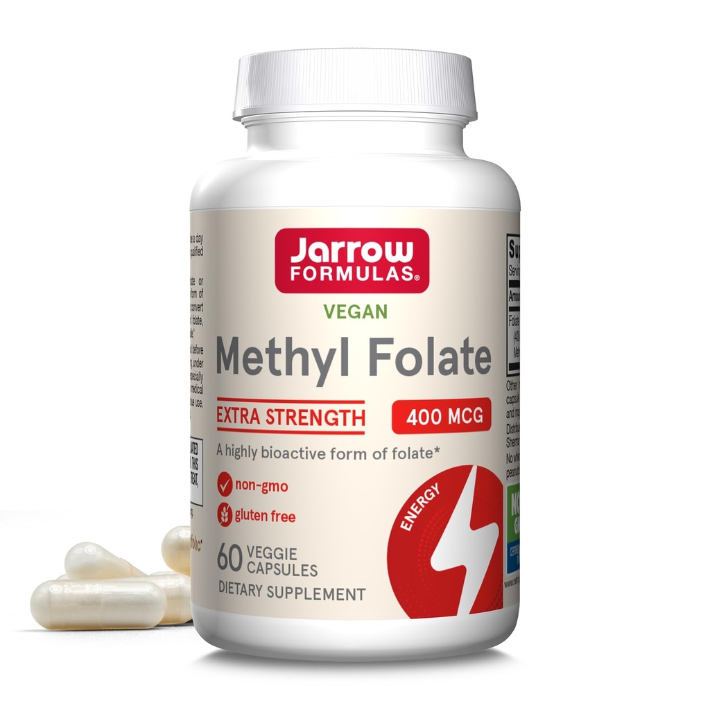 Jarrow Formler Ekstra Styrke Metyl Folat 400mg, Diett Supplement for kardiovaskulære og nevrologiske helsestøtte, 60 Veggie Kapsler, 60 dagers forsyning