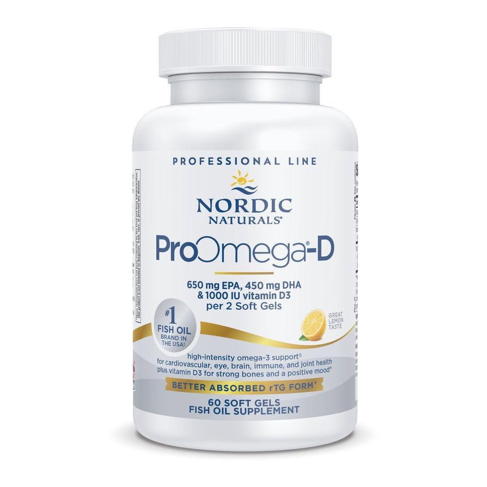Nordic Naturals ProOmega-D, Lemon Flavor - 60 Soft Gels - 1280 mg Omega-3 + 1000 IU D3 - High-Potency Fish Oil - EPA & DHA - Hjerne, Øye, hjerte, og immun helse - Non-GMO - 30 Services