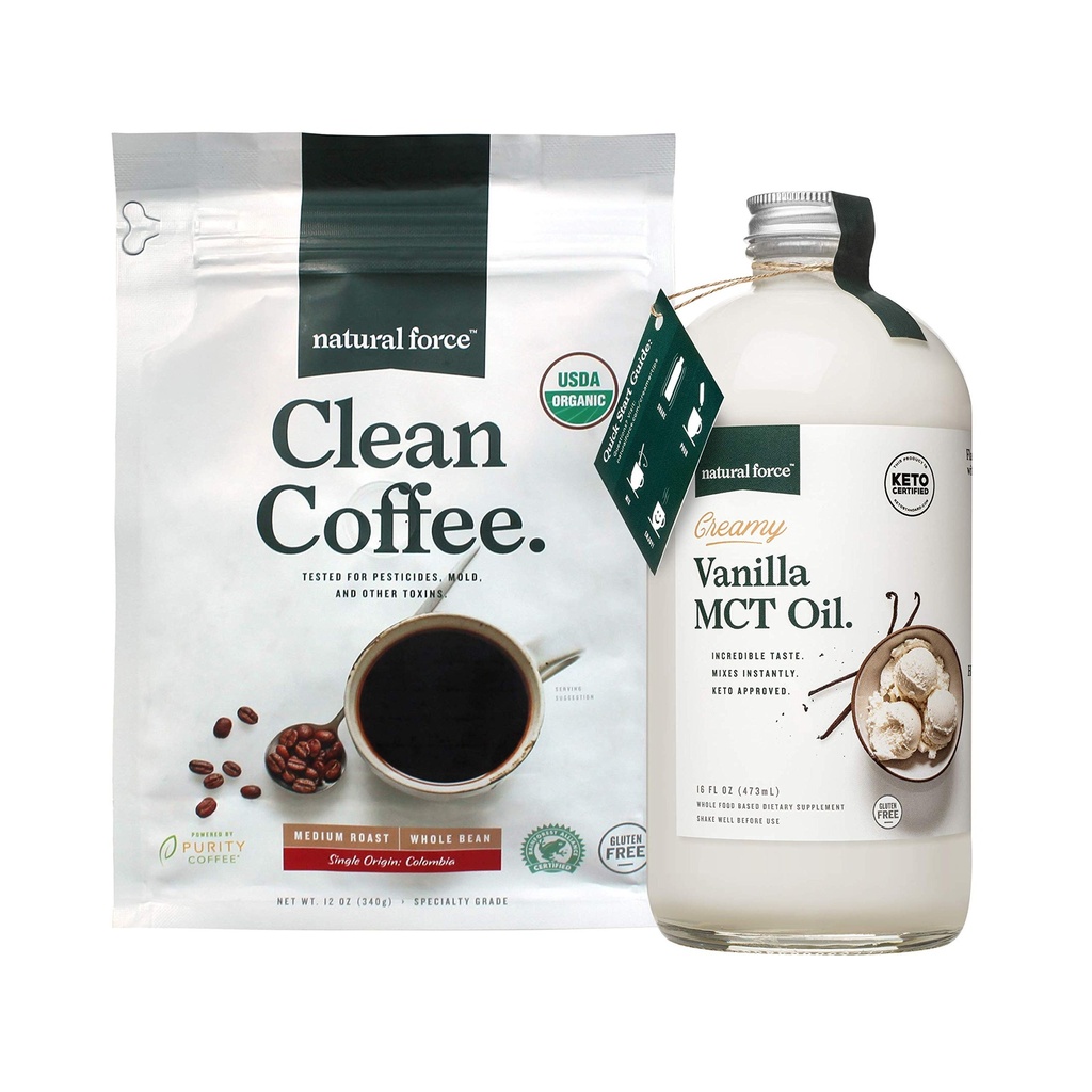 Natural Force Organic Clean Coffee + Kremig Vanilla MCT Olje Bundle - Flavored MCT Creamer & Mold & Mycotoxin Gratis kaffe - Ikke-GMO, keto, Paleo og Vegan - 12 Oz Bag og 16 Oz Glass Flaske