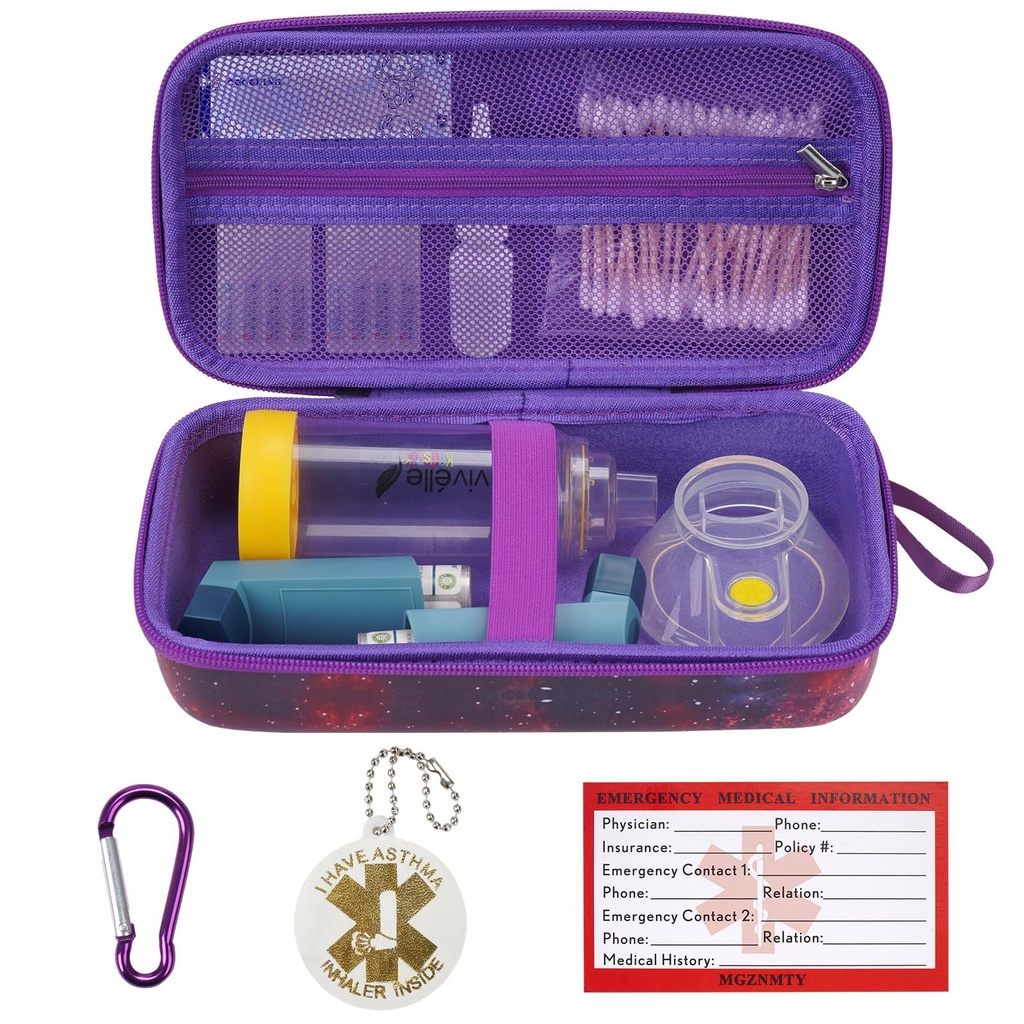MGZNMTY Reisebærende tilfelle Kompatibel med Astma Inhaler Spacer for voksne og barn, Masker, Innåndingsholder med Astma Alert Tag og Medical Carabiner (Bare tilfelle) (Galaxy)