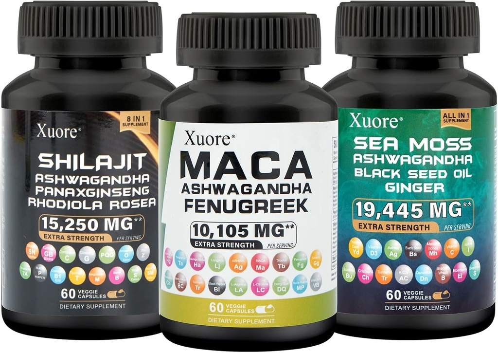 Bundle of Sea Moss,Shilajit, Maca, Svart Seed Oil, Ashwagandha, Ginger, Shilajit, Rhodiola Rosea, Panax Ginseng, Maca Root, Fenugreek, Trifibranol100X,Alle i 1 Supplement (1 Pack)
