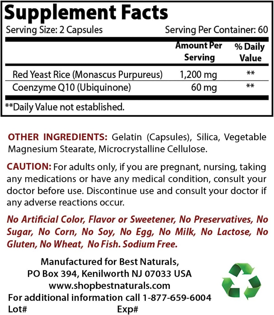 Best Naturals Red Yeast Rice med CoQ10 & Niacin 500 mg